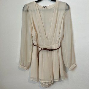 Forever 21 Beige Belted Long Sleeve Chifon Romper